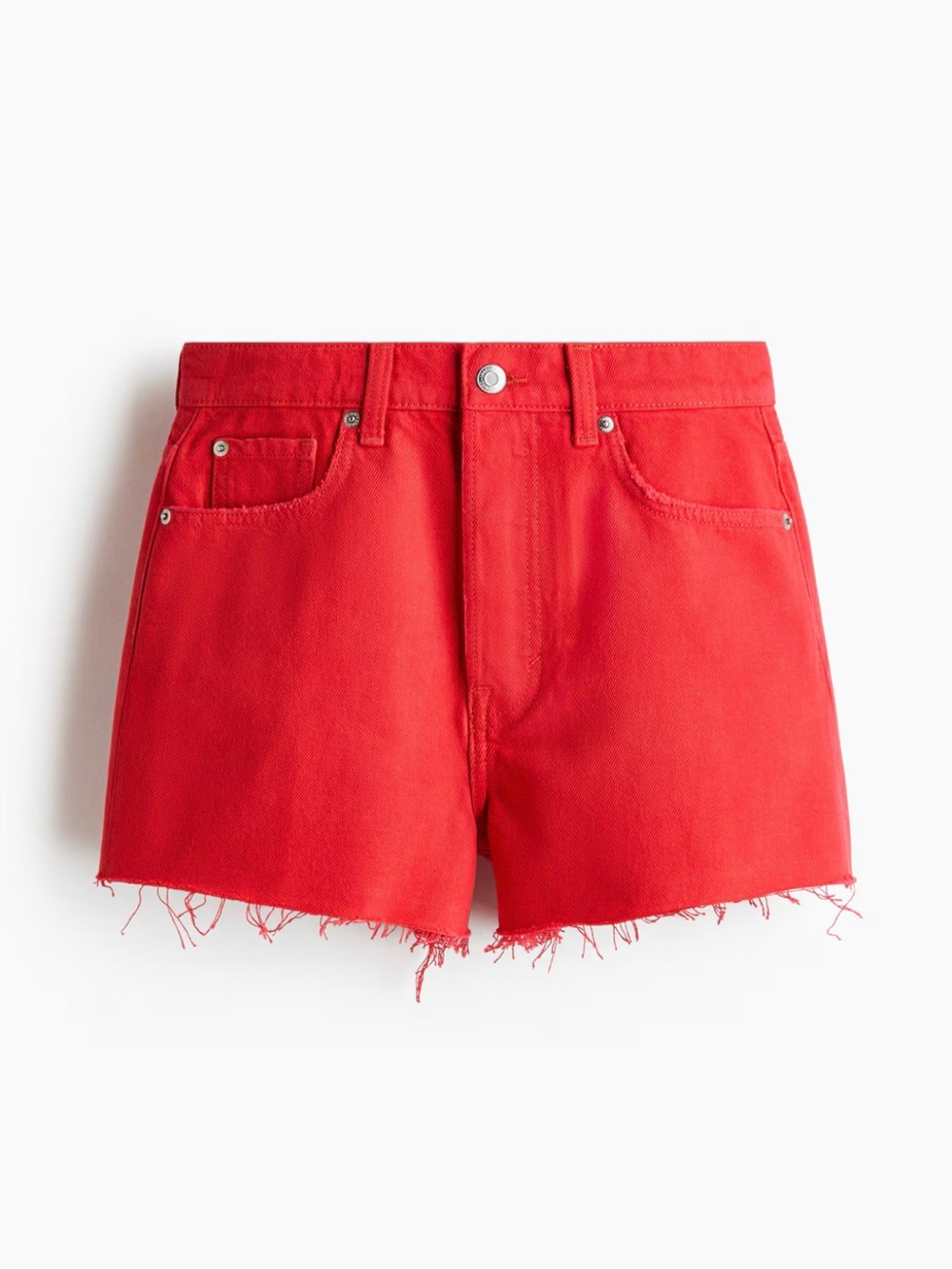 H&M Red High-Rise Frayed Hem Denim Shorts